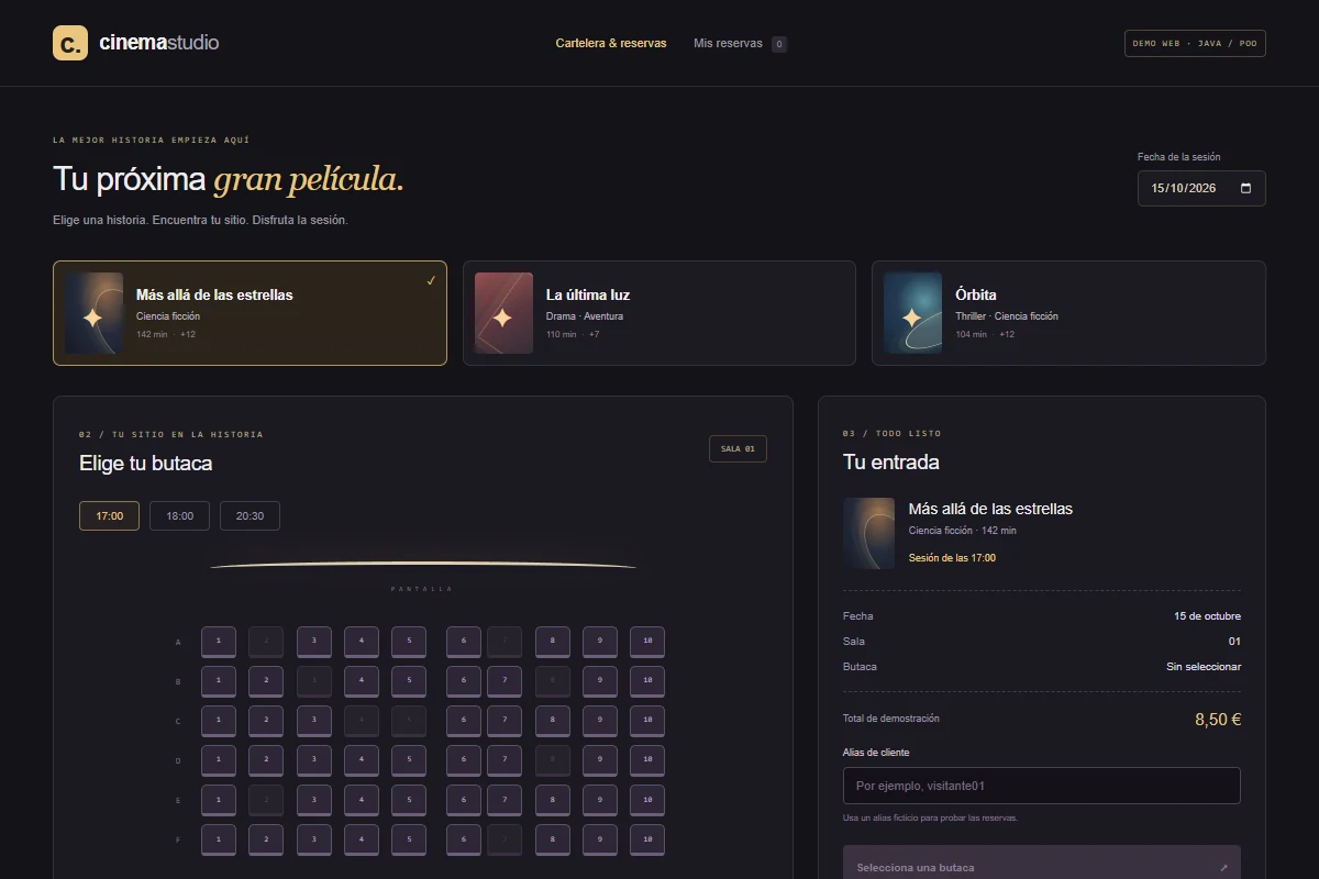 Vista previa de la adaptación web del gestor de cine, con selección de butacas